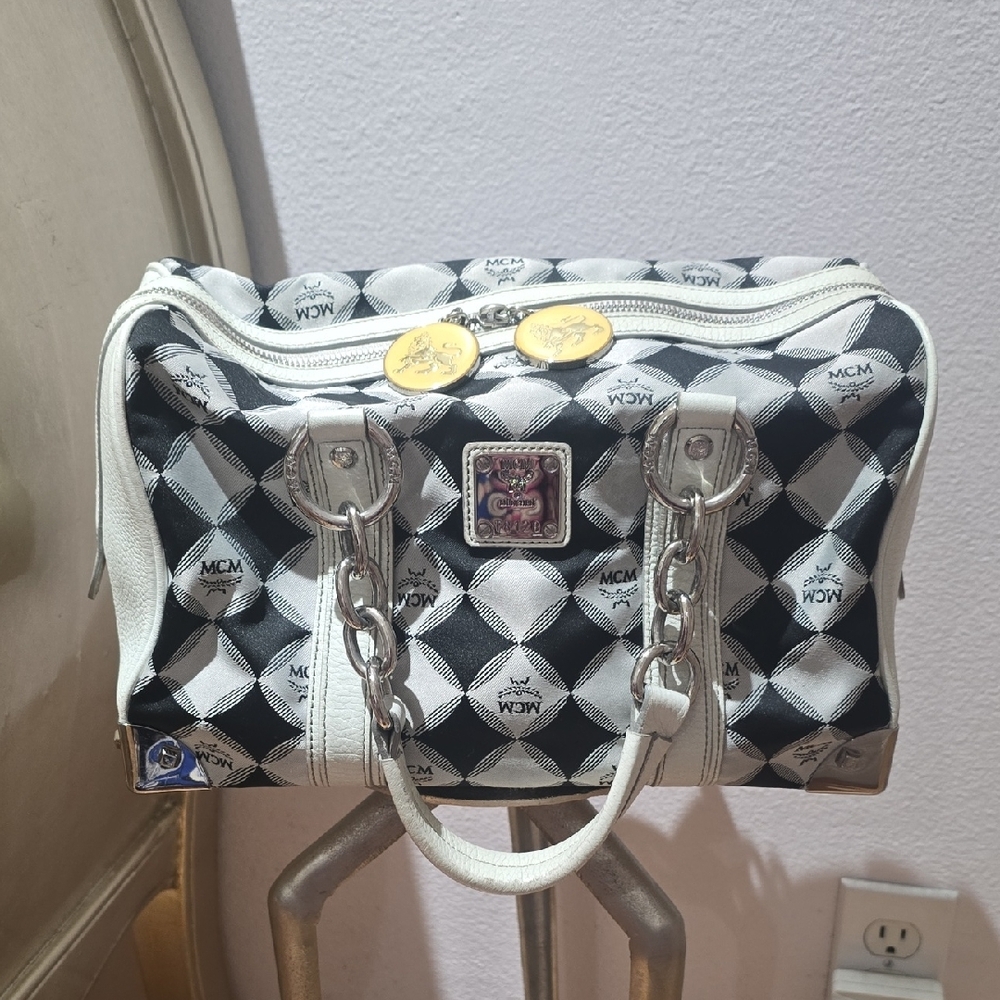 MCM Black and White Geometric Satchel Clean Inside And Out Authentic